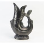 A Dartmouth Pottery cod gurgle jug in a dark lustre glaze, 26.5cm high. A/F