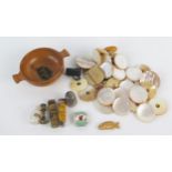 A collection of mother-of-pearl gaming counters, a Mauchlinware two-handled bowl. etc.