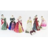 Royal Doulton, Queens of The Realm series, six figurines including Elizabeth I, Mary Queen of Scots,