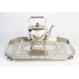 A large silver plated rectangular serving tray, with galleried sides and canted corners, the