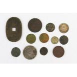Mixed bag of coins including 1819 Ionian Island Obol, Japanese 100 mon piece, 1786 silver 1 real