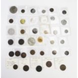 Twelve x farthing tokens with three x model crowns with group of mixed tokens, coin weights, white