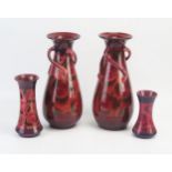 A pair of Lemon & Crute pottery vases of ovoid form with three swept handles and decorated with