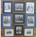 A collection of nine assorted fashion plates and sporting prints, all framed and glazed.