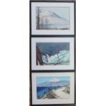 Three Japanese Woodblock Prints of Mount Fuji, framed & glazed, 51x39cm