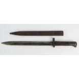 A German World War One bayonet, with 29.5cm fullered blade, wood grips, contained in a steel sheath.