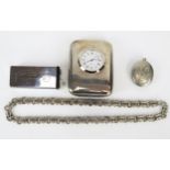 A Ladies Silver Cased Fob Watch, white metal choker, fob and modern clock