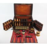 A late Victorian/Edwardian burr maple games compendium, with hinged lid and double hinged front