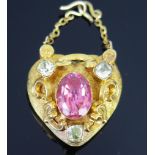 A Victorian Heart Memorial Pendant in an unmarked 15ct Gold Pink and Pale Green Stone Mounted