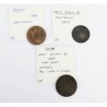 Three x East India coins including 1825 four Pies (high grade), 1808 halfpenny and 1845 one cent.
