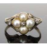 A Georgian untested Pearl and rose Cut Diamond Ring in an unmarked high carat gold setting, size F.