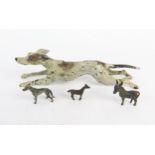 An Austrian cold painted bronze model of a dashing greyhound, 12cm long, together with three