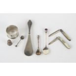 A mixed collection of silverwares ,various makers and dates, includes napkin ring, thimble, fruit