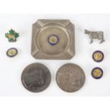 A mixed collection of silver and metal wares, includes medallion, badge, plated ashtray and enamel