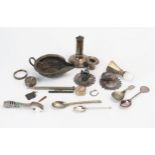 A small collection of assorted plated wares including Indian plated jug, souvenir spoons etc.