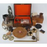 A Victorian parquetry box, treen bowl and bottle, assorted boxes, plated mug etc. (a lot)