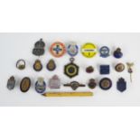 A collection of assorted metal and enamel lapel badges, Civil Defence badges, Athletes Volunteers