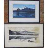 Gihachiro Okuyama, Mt. Fuji, monochrome woodblock print, pencil signed, framed and glazed, 60x38cm