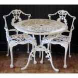 A painted aluminium bistro set, consisting of two floral decorated elbow chairs and a circular