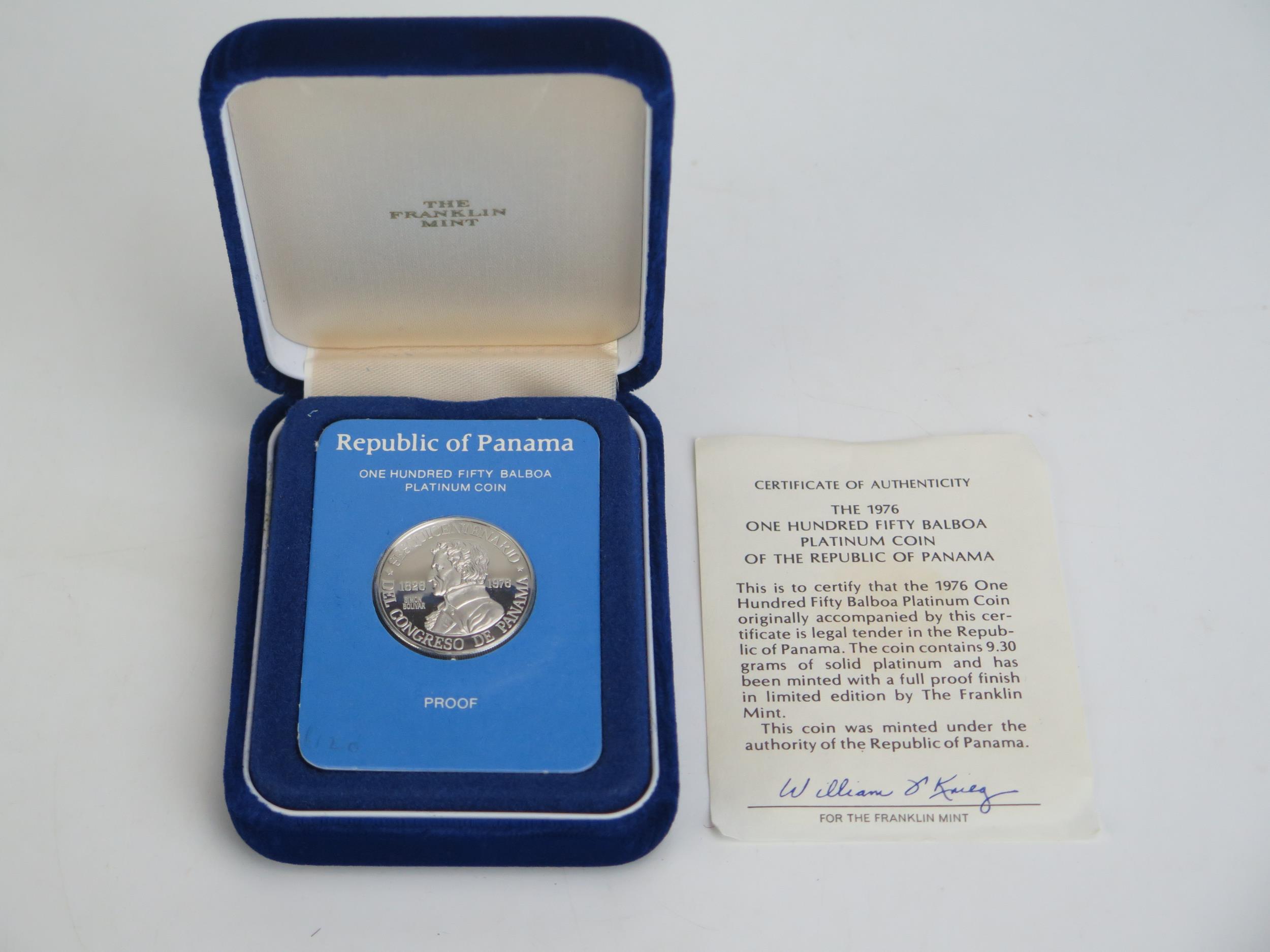 The 1976 One Hundred Fifty Balboa Platinum Coin of the Republic of Panama with COA, 9.3g of solid