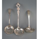 Three assorted silver sifting spoons, various makers and dates, total weight of silver 98gms, 3.