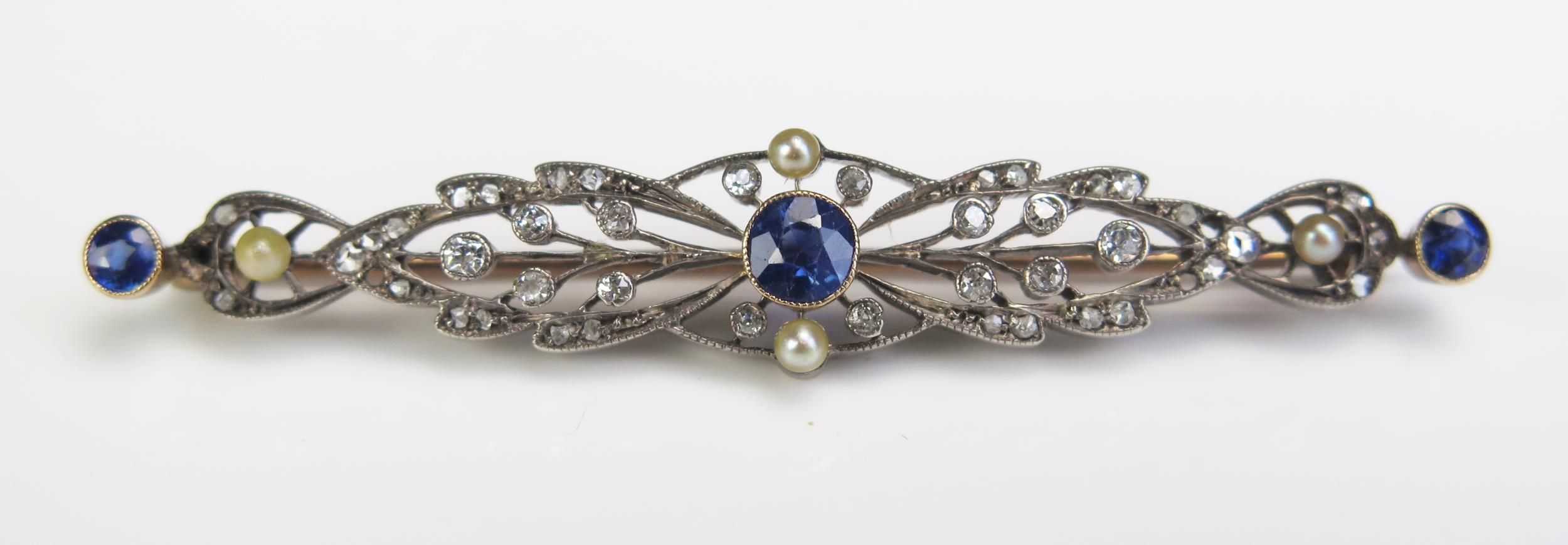 An Antique Ceylon? Sapphire, untested Pearl and Diamond Bar Brooch, millegrain set in an unmarked - Image 2 of 3