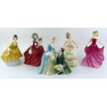 A collection of five Royal Doulton figurines, includes HN1934 Autumn Breeze, HN 3714 Emma, HN 2307