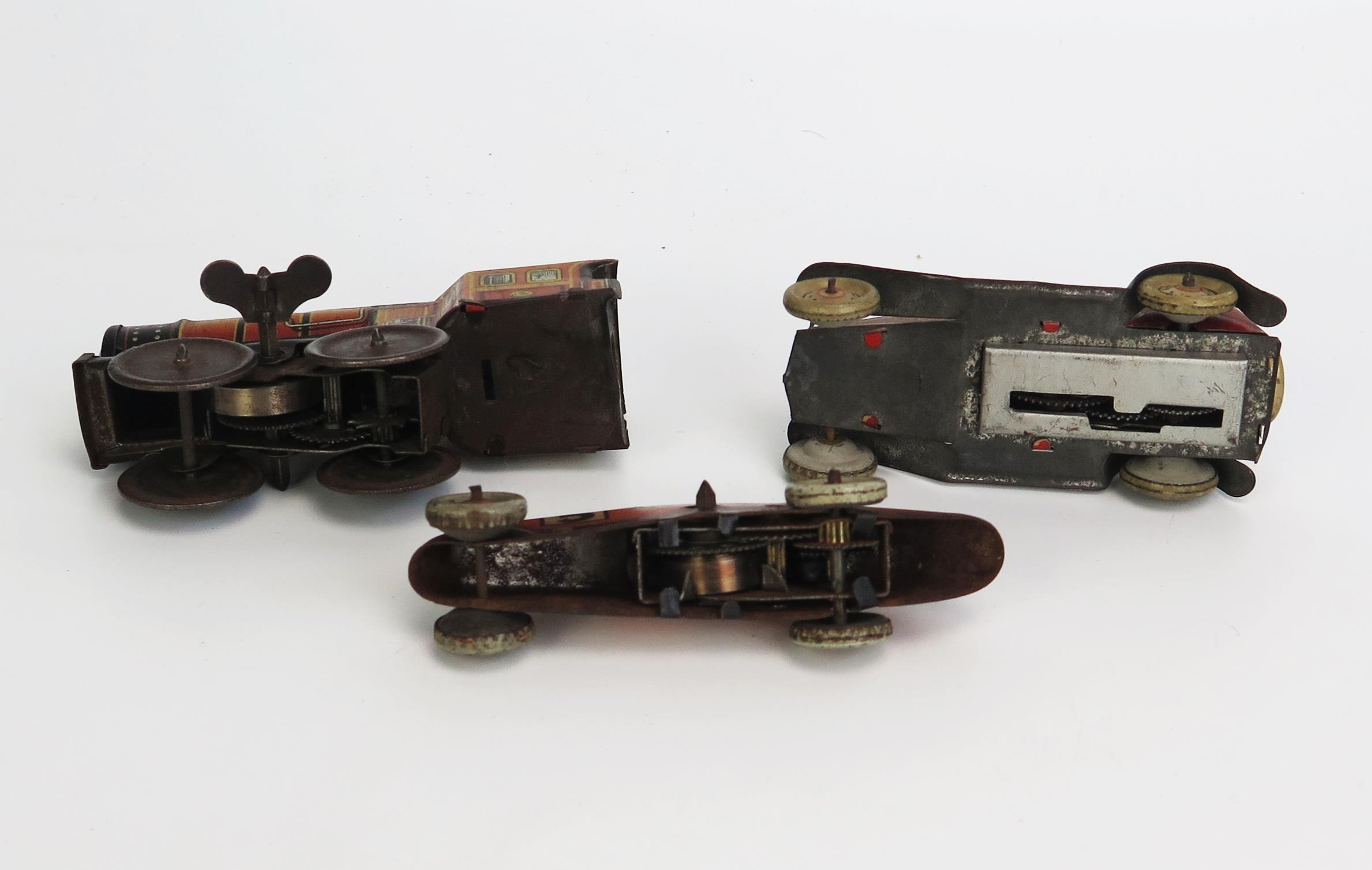 3 German Tinplate Clockwork Toys including car, racing car and train, possibly Tippco or Georg - Image 3 of 3