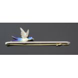 An Antique 15ct Gold and Platinum Swallow Brooch with enamel and baroque untested pearl body and