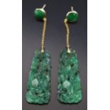 A Pair of Chinese Spinach Green Jadeite Pendant Earrings with carved and pierced decoration,