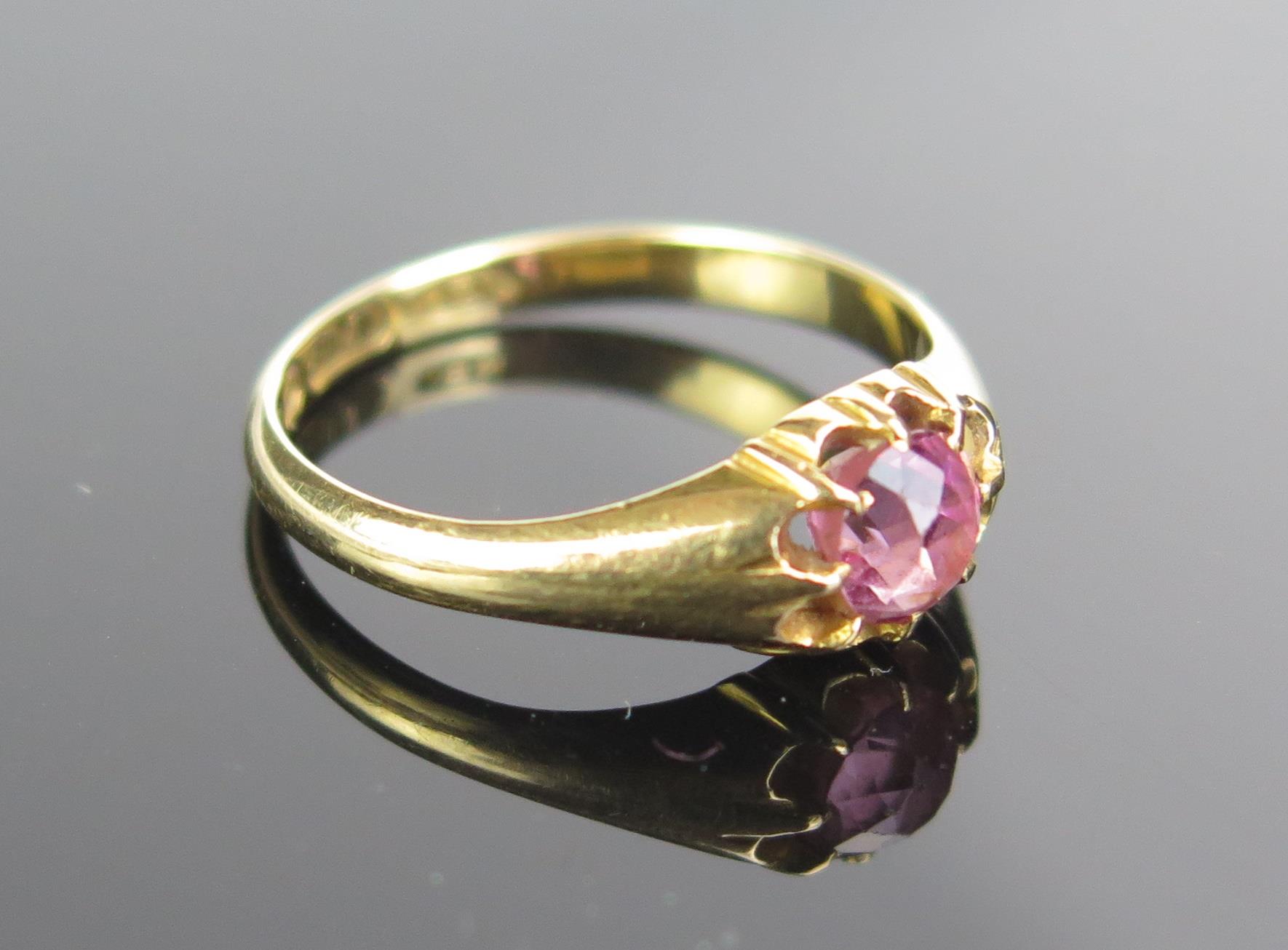 A Victorian 18ct Gold and Pink Tourmaline Ring, 5mm stone, Birmingham 1896, maker NBs, size L, 3g - Image 2 of 2