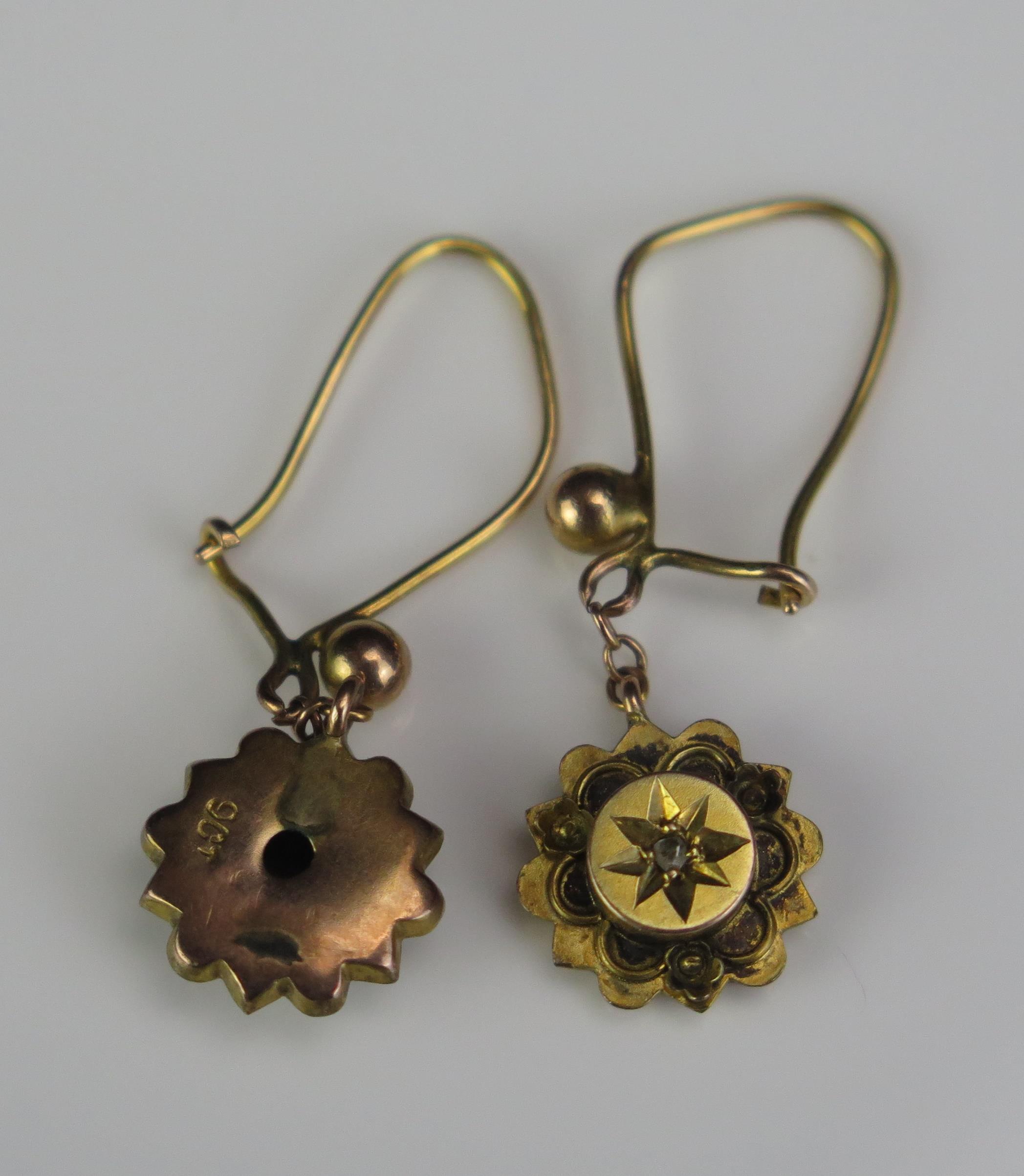 A Pair of Victorian 9ct Gold and Chip Diamond Earrings, 31mm drop, 1.4g - Image 2 of 2