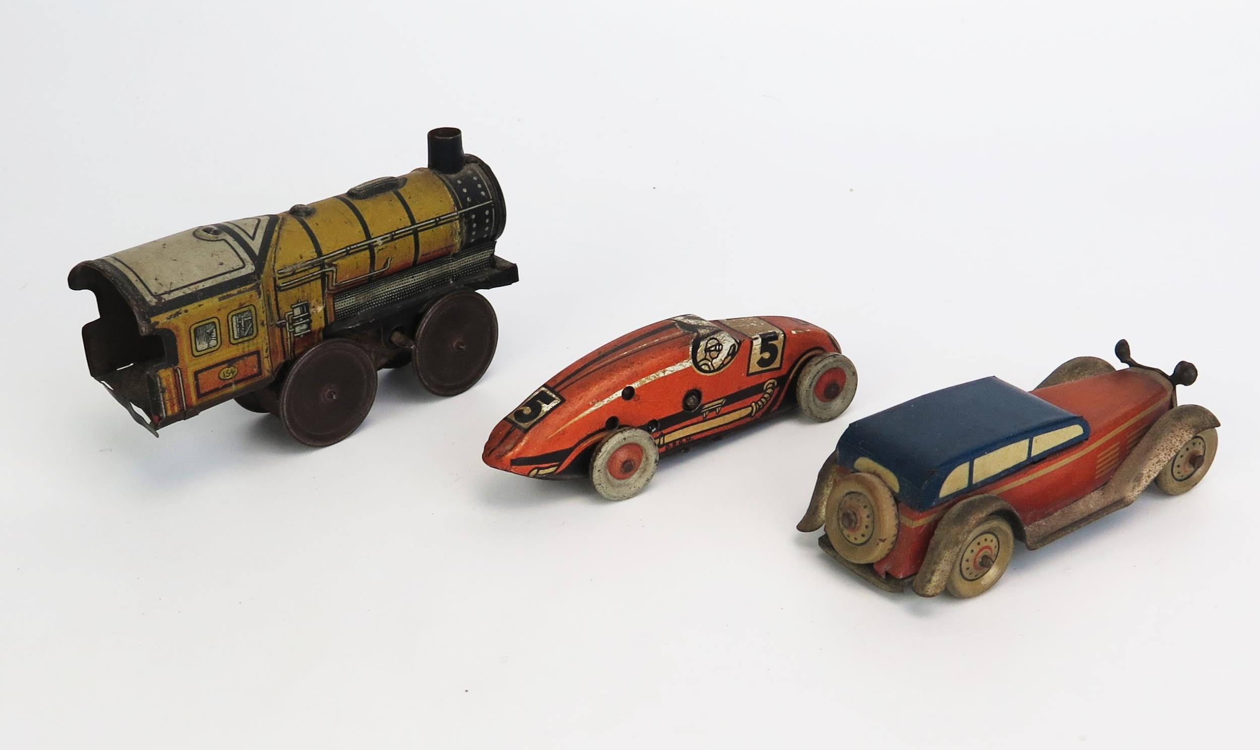 3 German Tinplate Clockwork Toys including car, racing car and train, possibly Tippco or Georg - Image 2 of 3