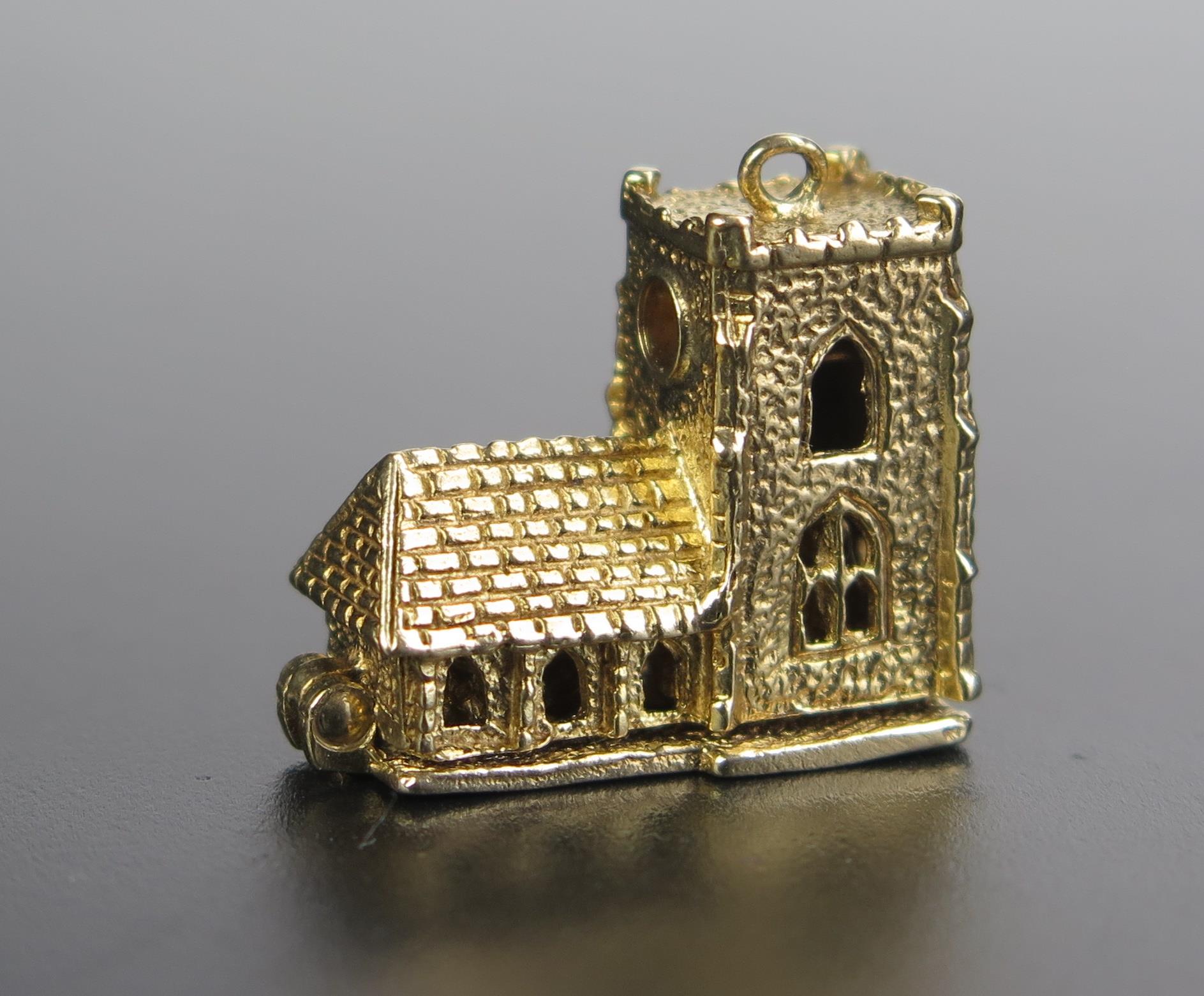 A Hallmarked 9ct Gold Church Charm with Stanhope of Marriage Vows and hinged base opening to