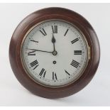A late Victorian mahogany wall timepiece with 19cm Roman dial, 30cm diameter.