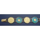 A Chinese 20K Gold and Apple Green Jadeite Roundel Bracelet formed from nine panels with decorated