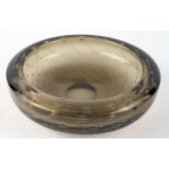 A smoked glass circular bowl with banded air bubble decoration, 20cm diameter.