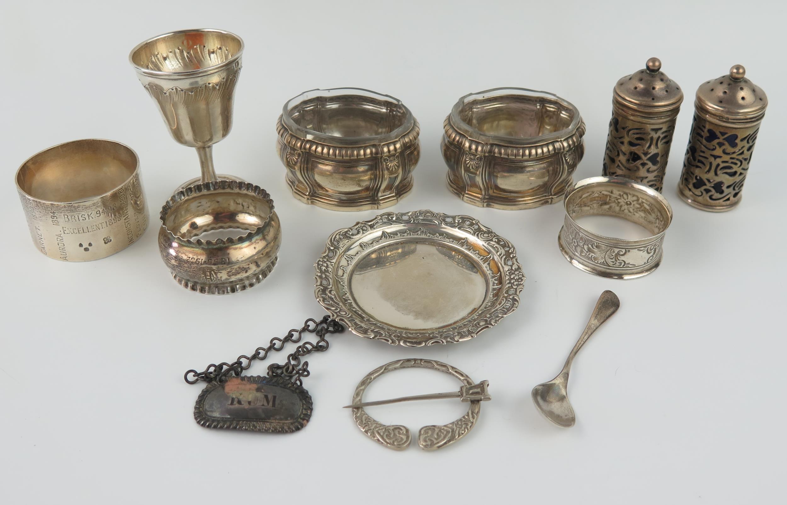 A mixed collection of silverwares, various makers and dates, includes, napkin rings, egg cup,