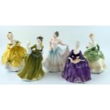Five Royal Doulton figurines, includes, HN 2312 Soiree, HN3645 Lindsay, HN 2315 The Last Waltz,