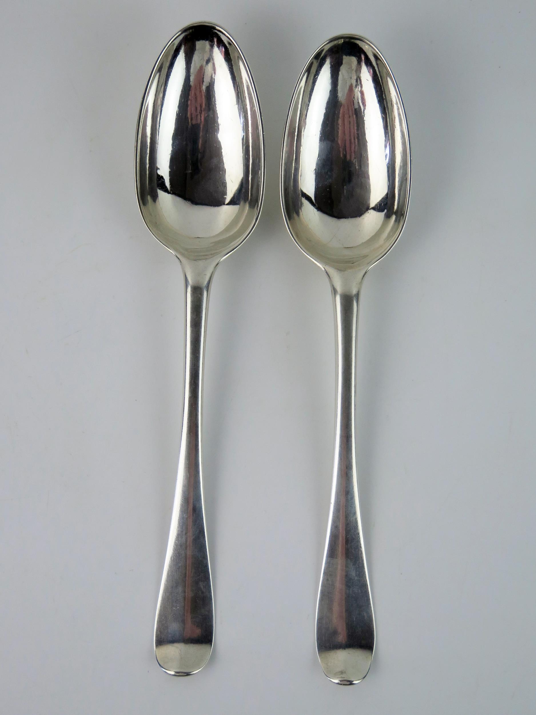 A pair of George II Scottish silver Hanoverian pattern tablespoons, maker William Aytoun, Edinburgh,