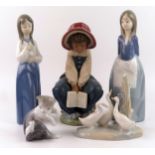 Five assorted LLadro and Nao porcelain figurines, includes seated girl in a bonnet, cat and mouse,