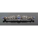 An Antique Ceylon? Sapphire, untested Pearl and Diamond Bar Brooch, millegrain set in an unmarked