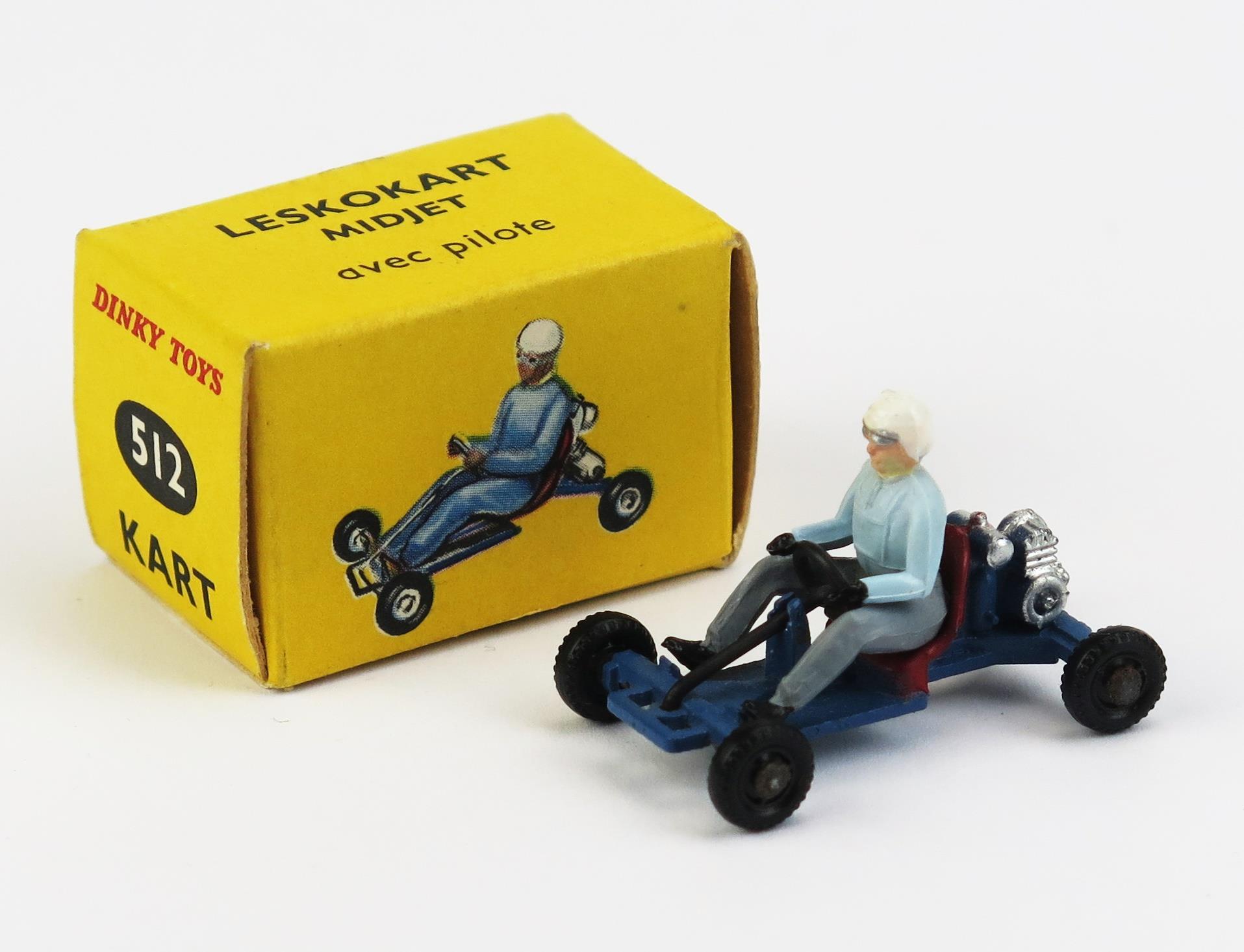 French Dinky 512 Leskokart Midjet Kart - blue, black plastic wheels, red seat, driver with pale blue