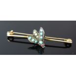 An Antique 9ct Gold, Turquoise and untested Pearl Set Insect Brooch, 57mm,