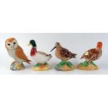 Four assorted Beswick pottery bird ornaments, includes Owl, Mallard Duck, Snipe and partridge, (4).