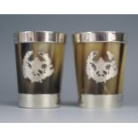 A pair of horn and silver mounted beakers, unmarked, possibly Scottish, with star and garland motif,