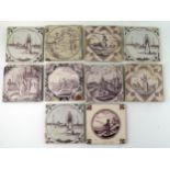 Ten Dutch Delft and other manganese tiles depicting topographical views, figures, and chinoiserie