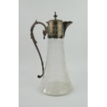 An Edwardian etched glass and sliver-plate mounted claret jug, with shallow domed hinged lid,