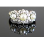 An Antique untested Pearl and Old Cut Diamond Ring in an unmarked high carat gold setting, 49mm