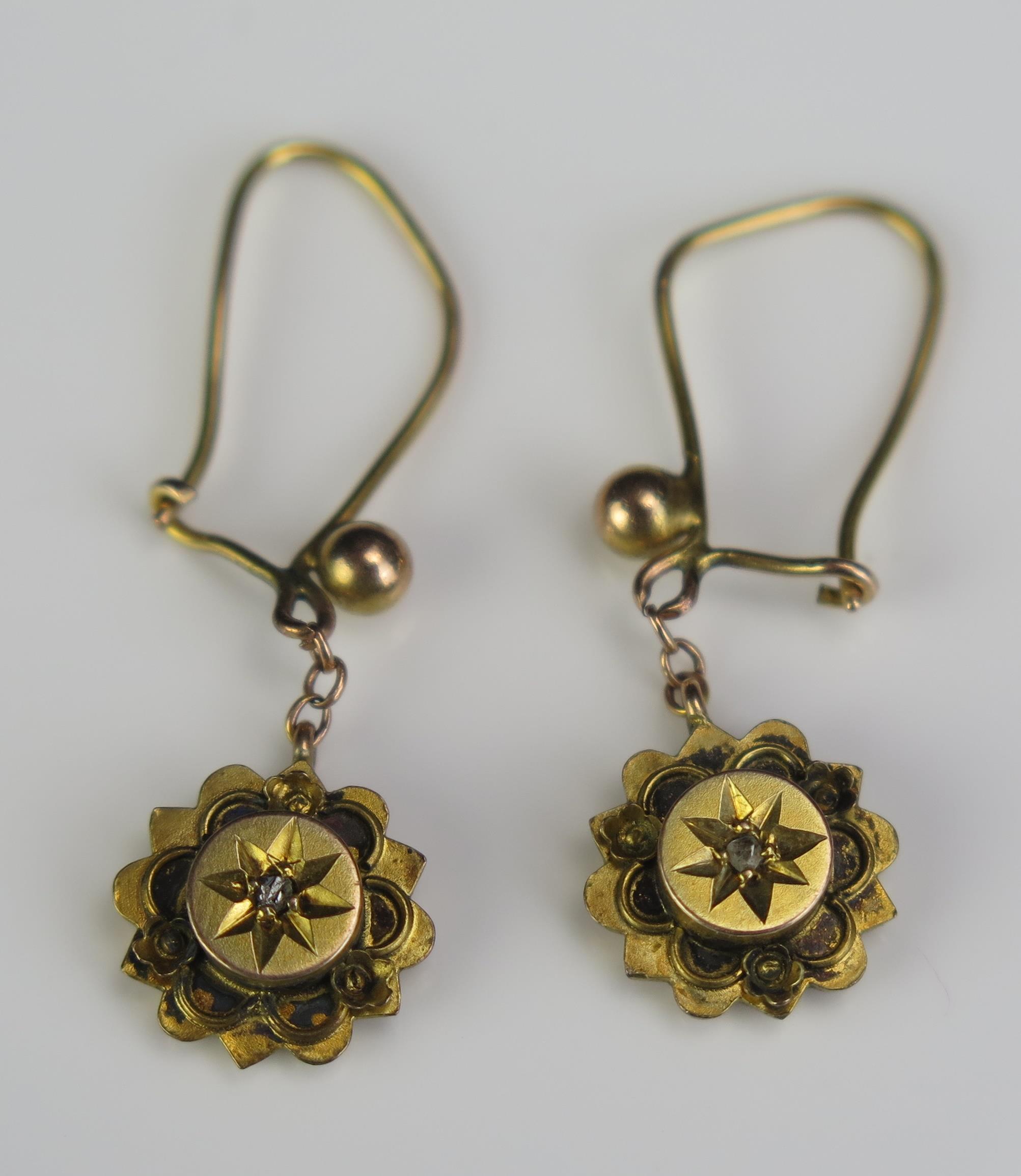 A Pair of Victorian 9ct Gold and Chip Diamond Earrings, 31mm drop, 1.4g